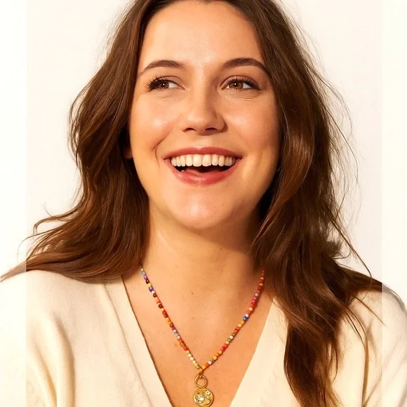 Good Luck Evil Eye Protection Rainbow Beaded Necklace wGold Toggle Clasp Pendant - Picture 4 of 6